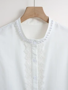 Franclia 女款白色領珍珠裝飾拼接蕾絲泡泡袖休閒襯衫，適合日常穿著、通勤、外出、下午茶、約會、度假 - 白色 - 查看 8