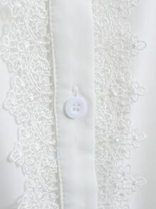 Franclia 女款白色領珍珠裝飾拼接蕾絲泡泡袖休閒襯衫，適合日常穿著、通勤、外出、下午茶、約會、度假 - 白色 - 查看 7