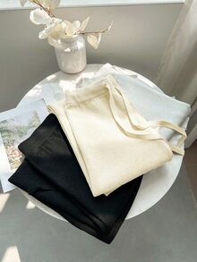 Franclia 全新女式高腰抽绳休闲直筒阔腿裤，保暖内衬厚针织长裤 - 香檳色 - 查看 4