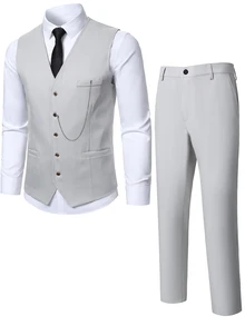 Manfinity Mode Men's Vest, Pants And Suit Jacket Set - Light Grey - View 3