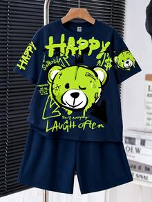 SHEIN 小男孩簡約字母卡通圖案印花T恤短褲套裝 - 彩色 - 查看 4