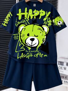 SHEIN 小男孩簡約字母卡通圖案印花T恤短褲套裝 - 彩色 - 查看 3