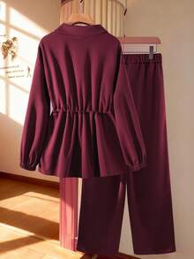 SHEIN Clasi GlowEve Women Plus Size Basic High Neck Drawstring Zip-Up 2 Pieces Set Fall - Maroon - View 2