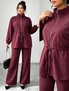 SHEIN Clasi GlowEve Women Plus Size Basic High Neck Drawstring Zip-Up 2 Pieces Set Fall - Maroon - View 3