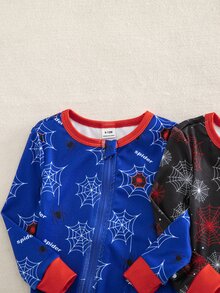 Baby Boy Autumn/Winter Knitted Fun Graffiti Red Black Blue Spider And Web Pattern Colorblock 2 Pieces Set Snug Fit Crew Neck Zip-Up Long Sleeve - Multicolor - View 7