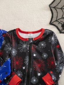 Baby Boy Autumn/Winter Knitted Fun Graffiti Red Black Blue Spider And Web Pattern Colorblock 2 Pieces Set Snug Fit Crew Neck Zip-Up Long Sleeve - Multicolor - View 4