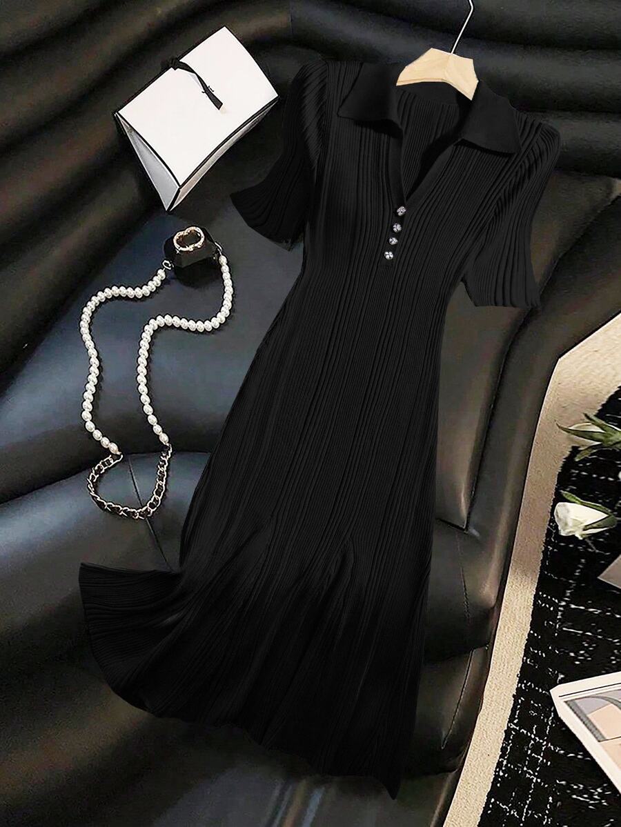 Franclia Women's Elegant Solid Color Short Sleeve Maxi Knit Dress, Summer Knitted Sweater Clothes For University - Black - View 1