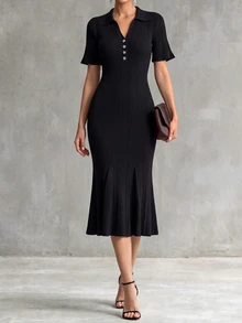 Franclia Women's Elegant Solid Color Short Sleeve Maxi Knit Dress, Summer Knitted Sweater Clothes For University - Black - View 3