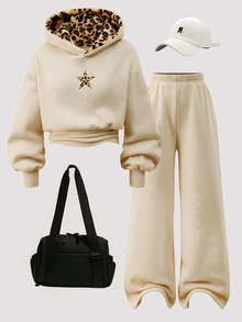 Conjunto de Moletom para Meninas Pré-Adolescentes, Damasco, Moletom com Capuz + Calça de Moletom 2 Peças, Ajuste Solto, Quente para Outono/Inverno, Fashion e Versátil, Outono, Casual, Gola, Gola Redonda, Outono, Estampado, Estampa de Letra, Laço, Fleece - Damasco - Visão 3