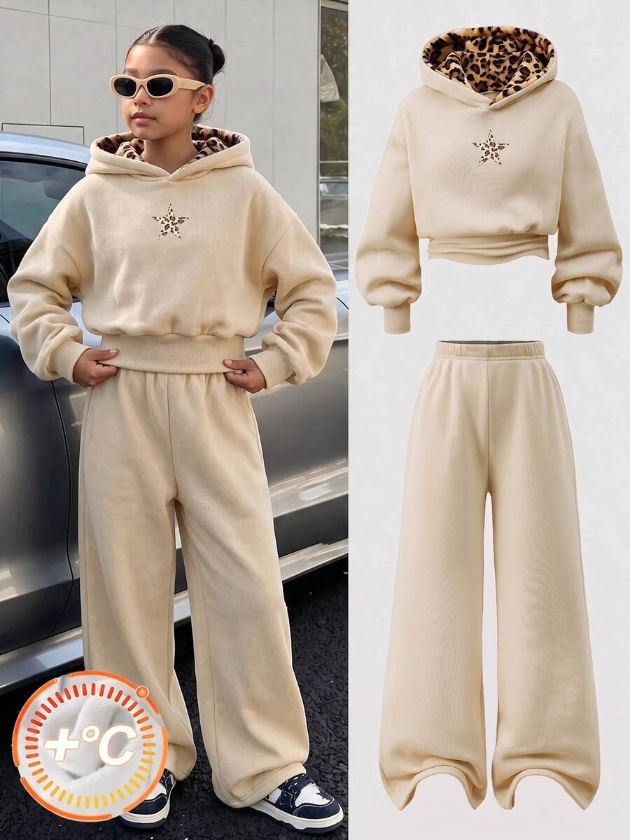 Conjunto de Moletom para Meninas Pré-Adolescentes, Damasco, Moletom com Capuz + Calça de Moletom 2 Peças, Ajuste Solto, Quente para Outono/Inverno, Fashion e Versátil, Outono, Casual, Gola, Gola Redonda, Outono, Estampado, Estampa de Letra, Laço, Fleece - Damasco - Visão 1