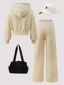 Conjunto de Moletom para Meninas Pré-Adolescentes, Damasco, Moletom com Capuz + Calça de Moletom 2 Peças, Ajuste Solto, Quente para Outono/Inverno, Fashion e Versátil, Outono, Casual, Gola, Gola Redonda, Outono, Estampado, Estampa de Letra, Laço, Fleece - Damasco - Visão 2