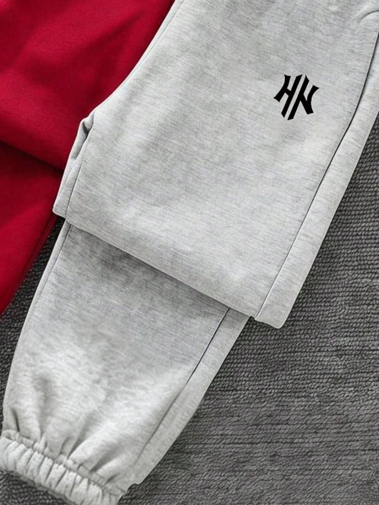 (3pcs) Autumn Winter Boys Fashion Creative Minimalist Label Knight Pony Letter Print Sweatpants - Multicolor - View 6