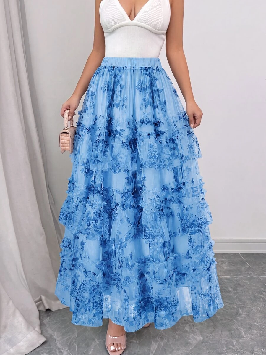 SHEIN Clasi Spring/Summer Bestseller Elegant Floral Print Mesh Tiered Plus Size Skirt Fall - Blue - View 1