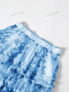 SHEIN Clasi Spring/Summer Bestseller Elegant Floral Print Mesh Tiered Plus Size Skirt Fall - Blue - View 4