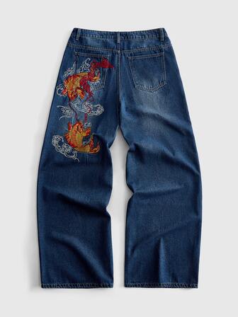 Street Life Jeans de mezclilla casuales y versátiles para hombres para uso diario y viajes con bolsillo y botón con patrón de pez
