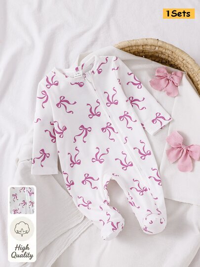 SHEIN 5pcs Randomly Sent 1pc Newborn Baby Girl Romper Set, White, Deep Purple, Pink, Apricot, Autumn/Winter, Soft Comfortable Lightweight Romper, Exquisite Cute Cherry Blossom Floral Print, Casual Minimalist Zipper Long Sleeve Footed Bodysuit, Home Wear