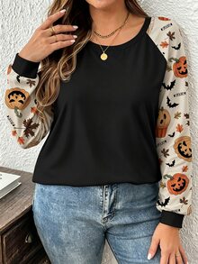 Comfylo 大尺碼女款休閒萬聖節南瓜印花落肩袖圓領寬鬆版型T恤，適合春秋穿著，萬聖節裝扮、派對適用 - 彩色 - 查看 5