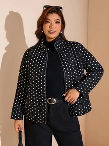 Easowa Curve Plus Size Women's Polka Dot Pattern Long Sleeve Zip-Up Casual Jacket Winter - Black - View 4