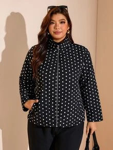 Easowa Curve Plus Size Women's Polka Dot Pattern Long Sleeve Zip-Up Casual Jacket Winter - Black - View 6