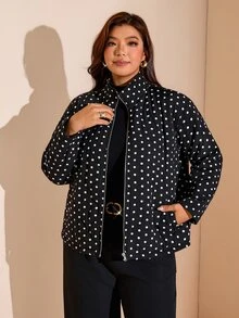 Easowa Curve Plus Size Women's Polka Dot Pattern Long Sleeve Zip-Up Casual Jacket Winter - Black - View 3