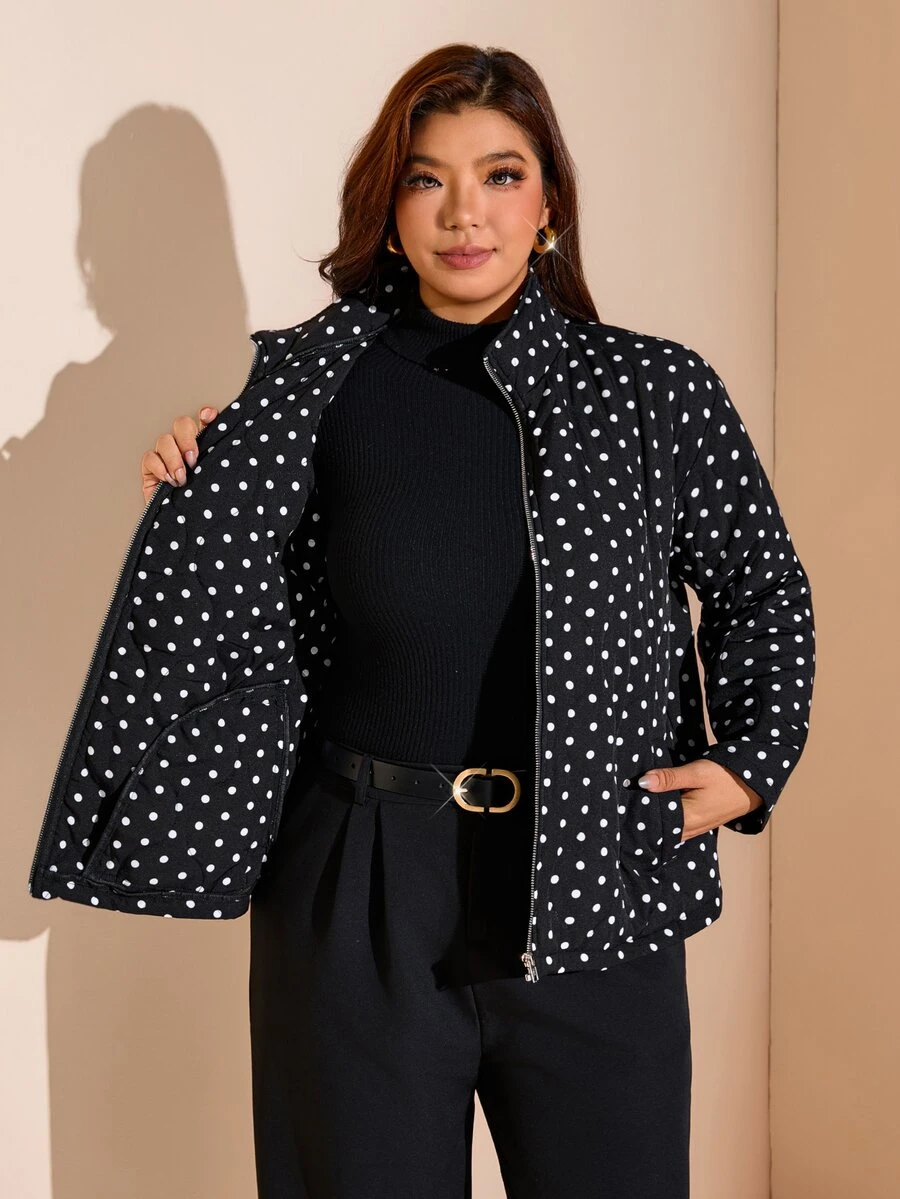Easowa Curve Plus Size Women's Polka Dot Pattern Long Sleeve Zip-Up Casual Jacket Winter - Black - View 1