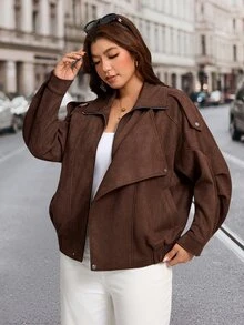 SHEIN LUNE Plus Size Women's Solid Color Long Sleeve Zipper Front Casual Jacket - Mocha Brown - View 3