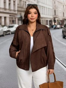 SHEIN LUNE Plus Size Women's Solid Color Long Sleeve Zipper Front Casual Jacket - Mocha Brown - View 4