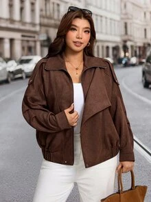 SHEIN LUNE Plus Size Women's Solid Color Long Sleeve Zipper Front Casual Jacket - Mocha Brown - View 5