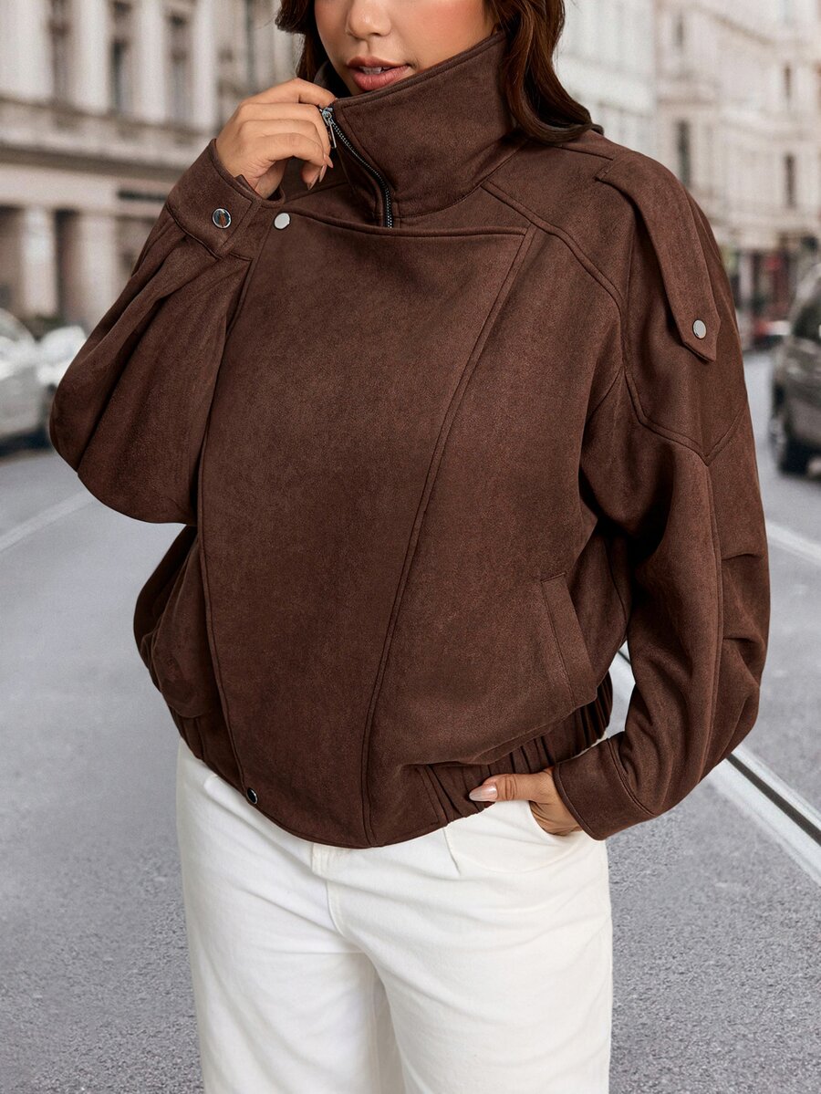 SHEIN LUNE Plus Size Women's Solid Color Long Sleeve Zipper Front Casual Jacket - Mocha Brown - View 1