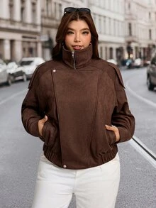SHEIN LUNE Plus Size Women's Solid Color Long Sleeve Zipper Front Casual Jacket - Mocha Brown - View 6
