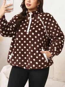 SHEIN LUNE Plus Size Autumn/Winter Casual Polka Dot Print Warm Sweatshirt Fall - Coffee Brown - View 5
