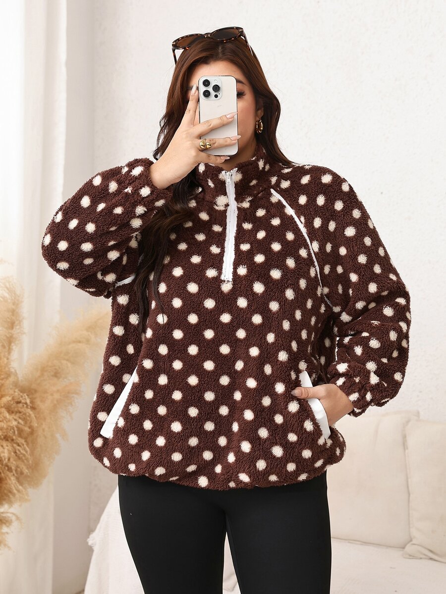 SHEIN LUNE Plus Size Autumn/Winter Casual Polka Dot Print Warm Sweatshirt Fall - Coffee Brown - View 1