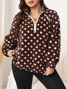 SHEIN LUNE Plus Size Autumn/Winter Casual Polka Dot Print Warm Sweatshirt Fall - Coffee Brown - View 4