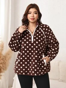 SHEIN LUNE Plus Size Autumn/Winter Casual Polka Dot Print Warm Sweatshirt Fall - Coffee Brown - View 3