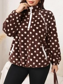 SHEIN LUNE Plus Size Autumn/Winter Casual Polka Dot Print Warm Sweatshirt Fall - Coffee Brown - View 6