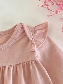 新生兒女嬰純色圓領荷葉邊上衣長褲休閒套裝，家庭親子款，醫院出生睡衣套裝，灰粉色，秋季 - 淺粉色 - 查看 3