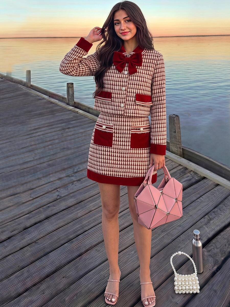 SHEIN Sparklyn 2pcs Tween Girl Houndstooth Bow Decor Long Sleeve Top & Skirt Set - Red - View 1