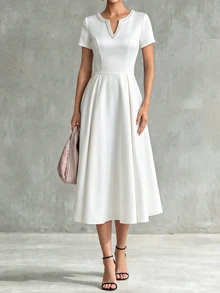 Franclia Women's Solid Color Faux Pearl V-Neck Short Sleeve Elegant Dress - White - View 3