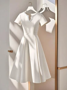 Franclia Women's Solid Color Faux Pearl V-Neck Short Sleeve Elegant Dress - White - View 5