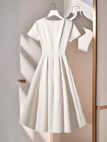 Franclia Women's Solid Color Faux Pearl V-Neck Short Sleeve Elegant Dress - White - View 4
