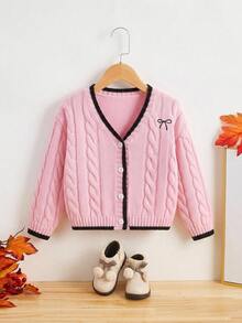 SHEIN 女童針織撞色蝴蝶結圖案休閒秋季開襟衫 - 彩色 - 查看 4