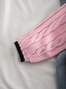 SHEIN 女童針織撞色蝴蝶結圖案休閒秋季開襟衫 - 彩色 - 查看 8