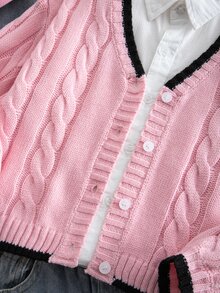 SHEIN 女童針織撞色蝴蝶結圖案休閒秋季開襟衫 - 彩色 - 查看 7