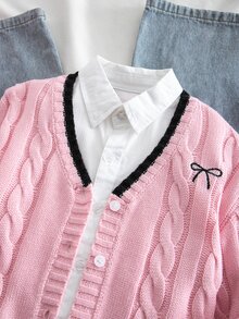 SHEIN 女童針織撞色蝴蝶結圖案休閒秋季開襟衫 - 彩色 - 查看 9