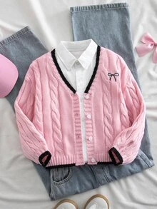 SHEIN 女童針織撞色蝴蝶結圖案休閒秋季開襟衫 - 彩色 - 查看 5