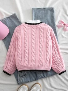 SHEIN 女童針織撞色蝴蝶結圖案休閒秋季開襟衫 - 彩色 - 查看 6