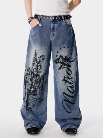 Jeans de mezclilla con estampado y corte holgado curvo para hombre