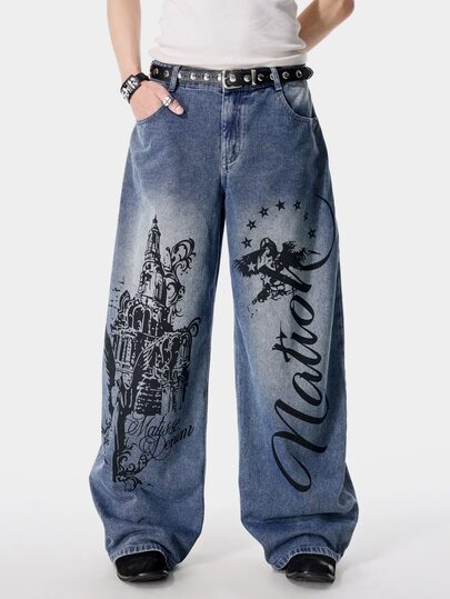 Jean en denim à coupe ample et courbe avec motif imprimé pour hommes