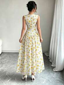 Modelyn 黃色花卉圖案法式風格洋裝，女款時尚低領無袖收腰長洋裝，抓皺腰部顯瘦設計，花卉田園風淺杏色雪紡洋裝，夏季度假風，日常穿搭 - 彩色 - 查看 2