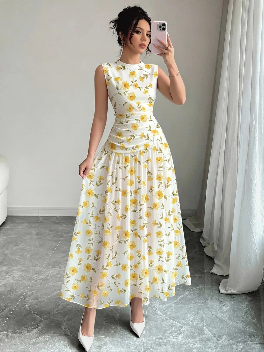 Modelyn 黃色花卉圖案法式風格洋裝,女款時尚低領無袖收腰長洋裝,抓皺腰部顯瘦設計,花卉田園風淺杏色雪紡洋裝,夏季度假風,日常穿搭 - 彩色 - 查看 1